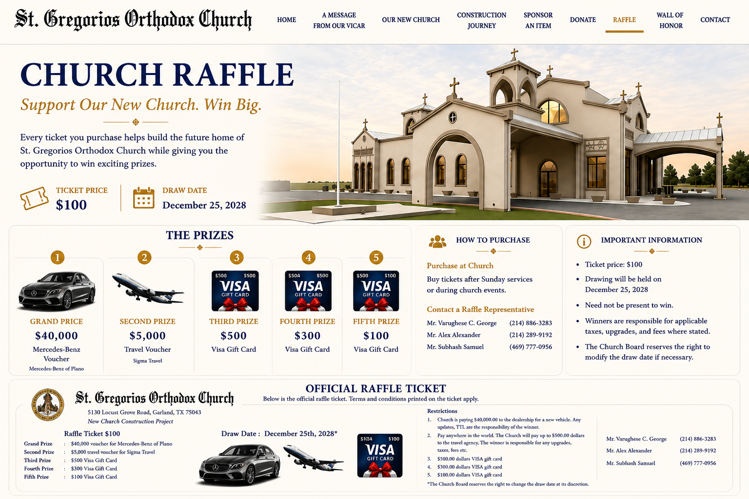 Church Raffle: Support Our New Church, Win Big. Ticket price $100. Draw date December 25, 2028. Grand prize $40,000 Mercedes-Benz voucher, second prize $5,000 travel voucher, and Visa gift card prizes.