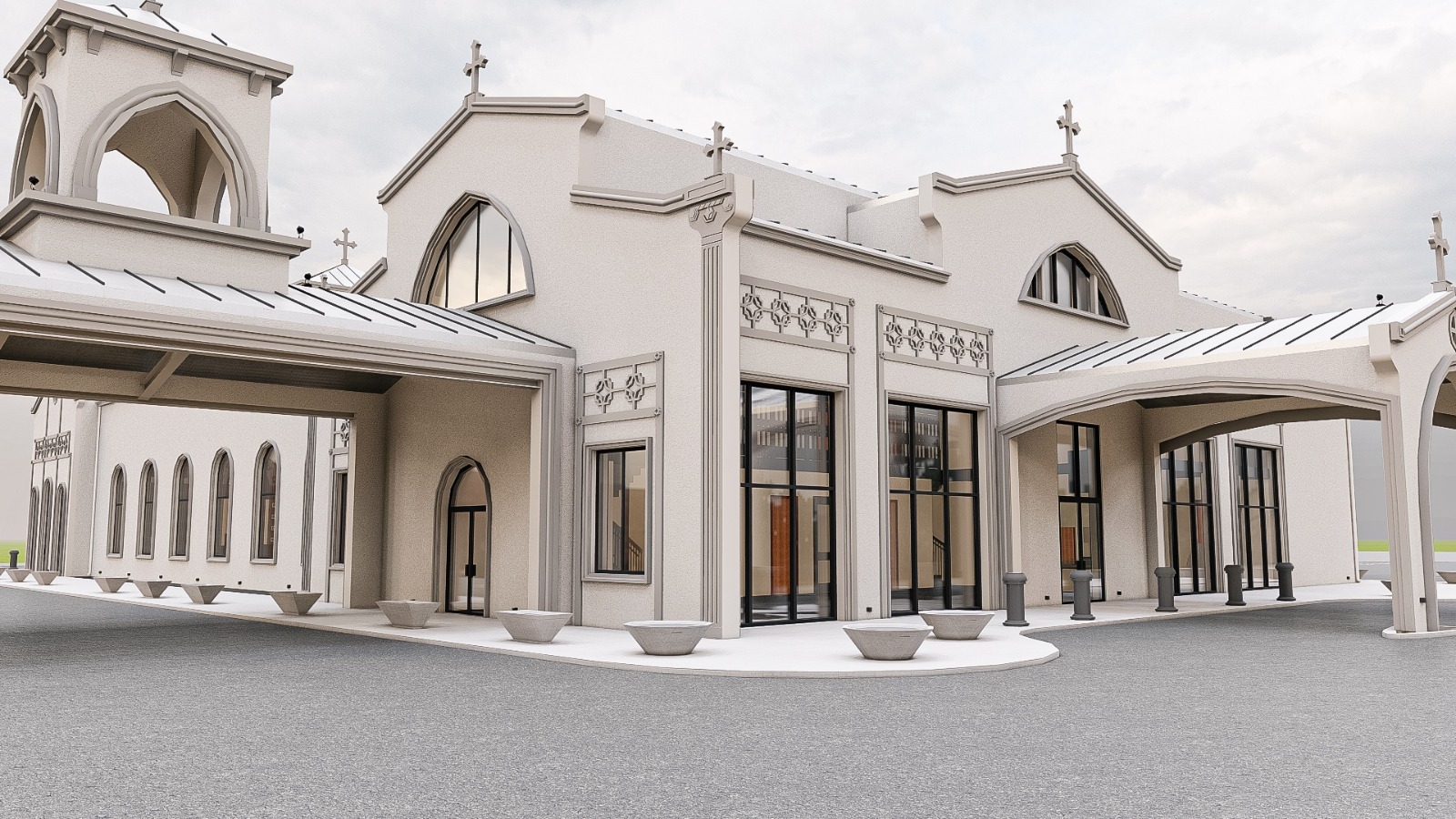 Daytime exterior architectural rendering of the new church