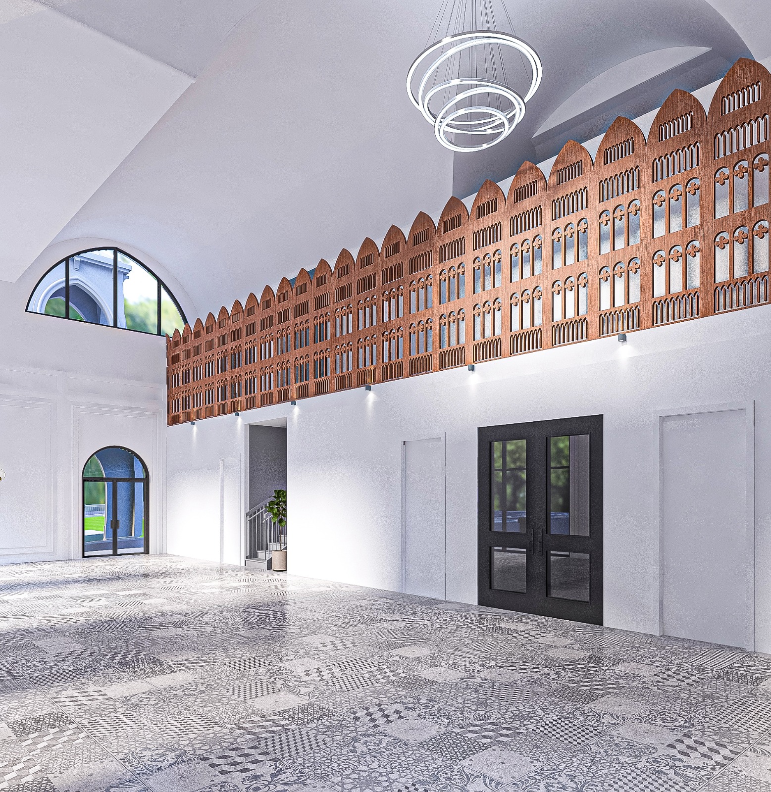 Interior architectural rendering showing decorative woodwork