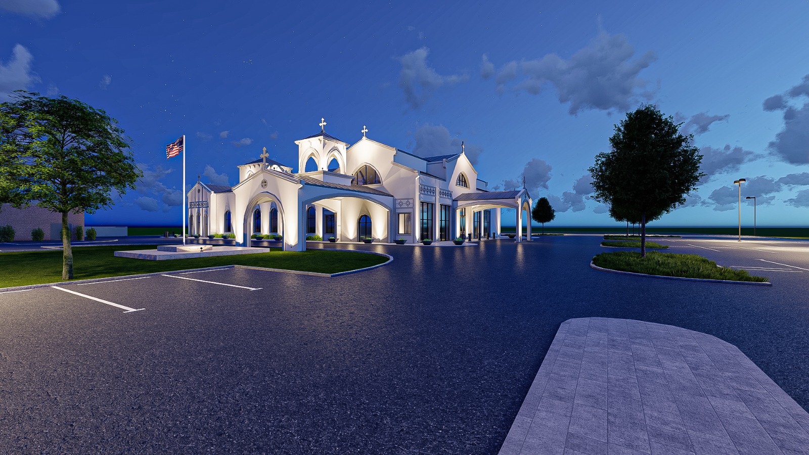 Nighttime exterior architectural rendering of the new church
