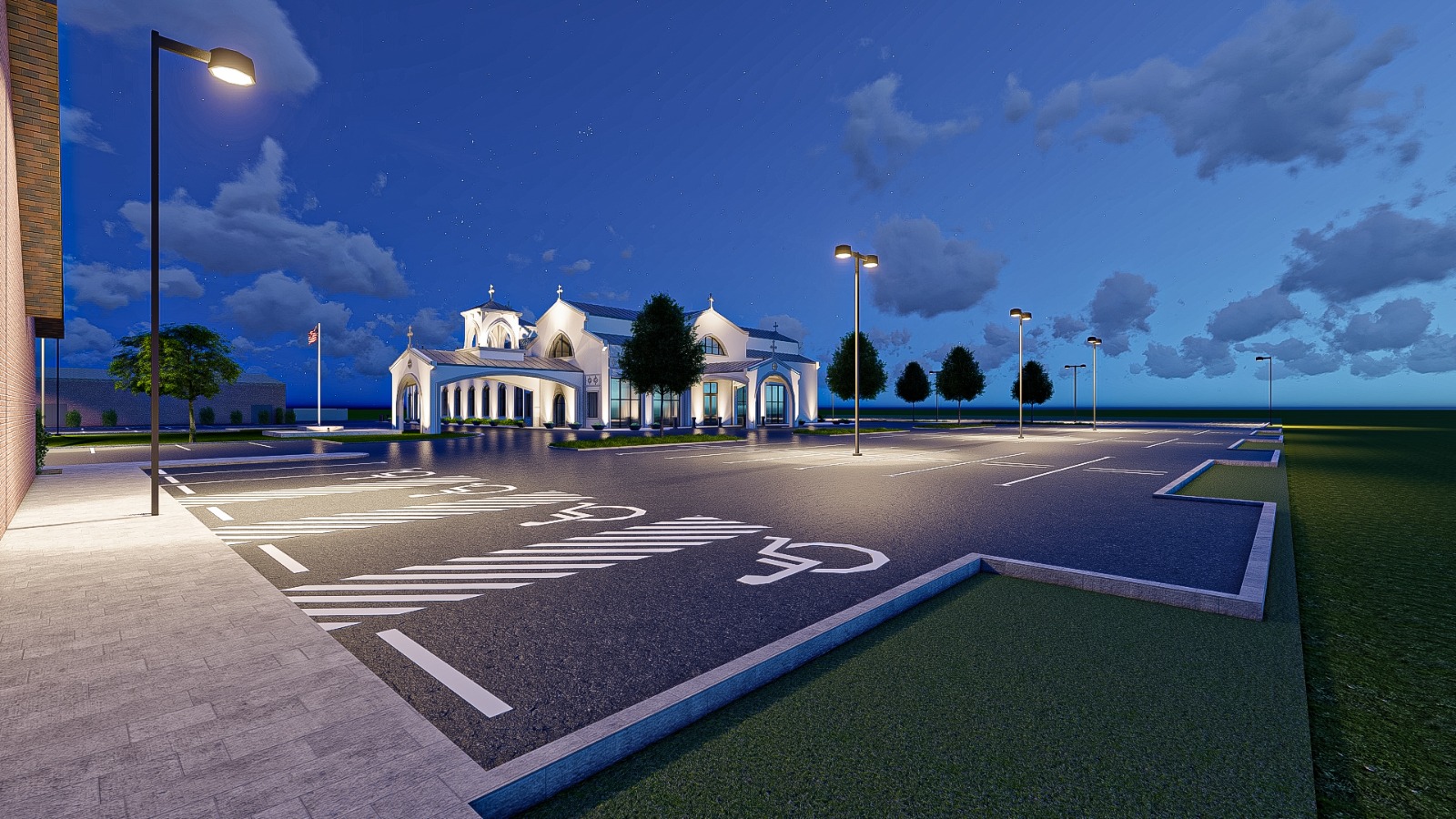 Wide nighttime site rendering of the new church
