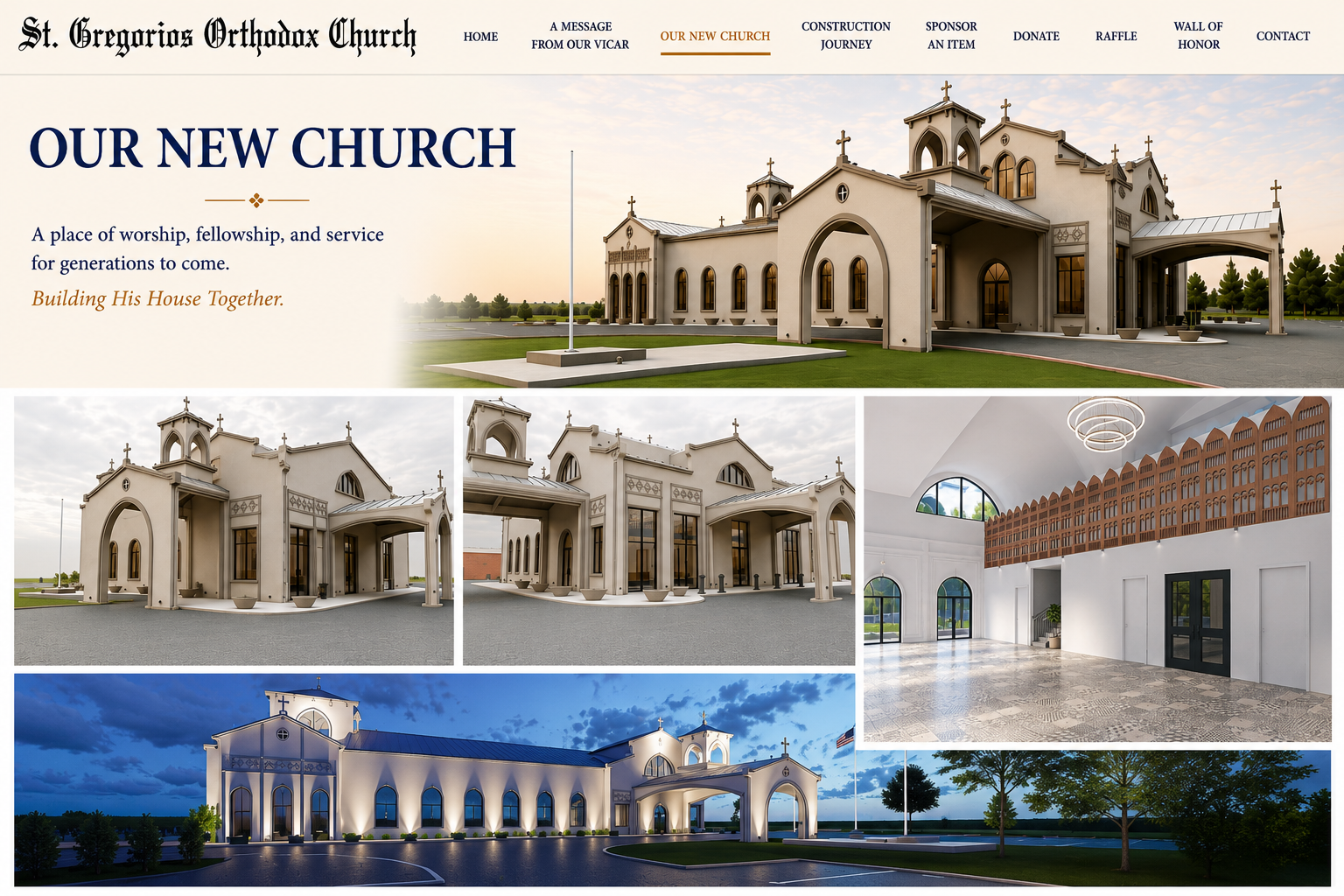 Our New Church: a place of worship, fellowship, and service for generations to come, with architectural renderings of the planned St. Gregorios Orthodox Church.